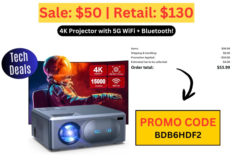 (Sale: $50 | Retail: $130) 4K Projector with 5G WiFi + Bluetooth