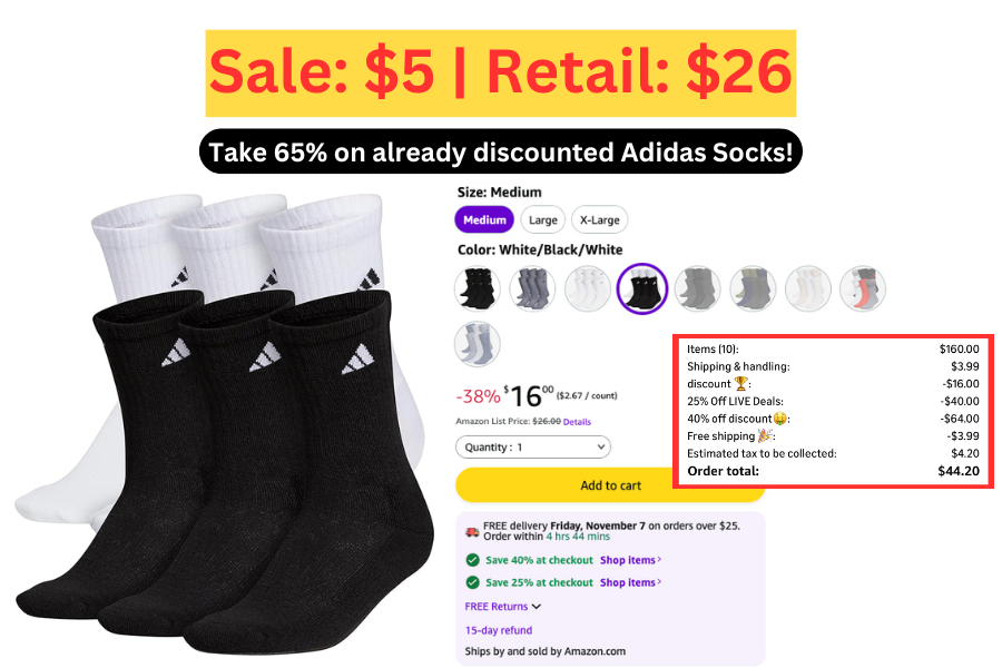 (Sale: $5 | Retail: $26) 6 Pairs of Adidas Socks