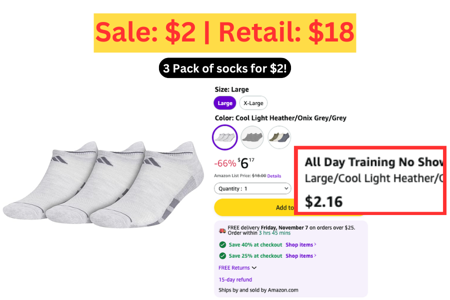 (Sale: $2 | Retail: $18) 3 Pairs of Adidas Socks