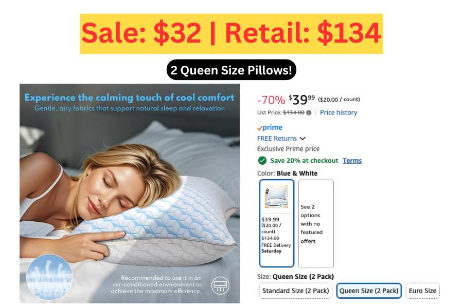 (Sale: $32 | Retail: $134) Set of 2 Queen Size Pillows