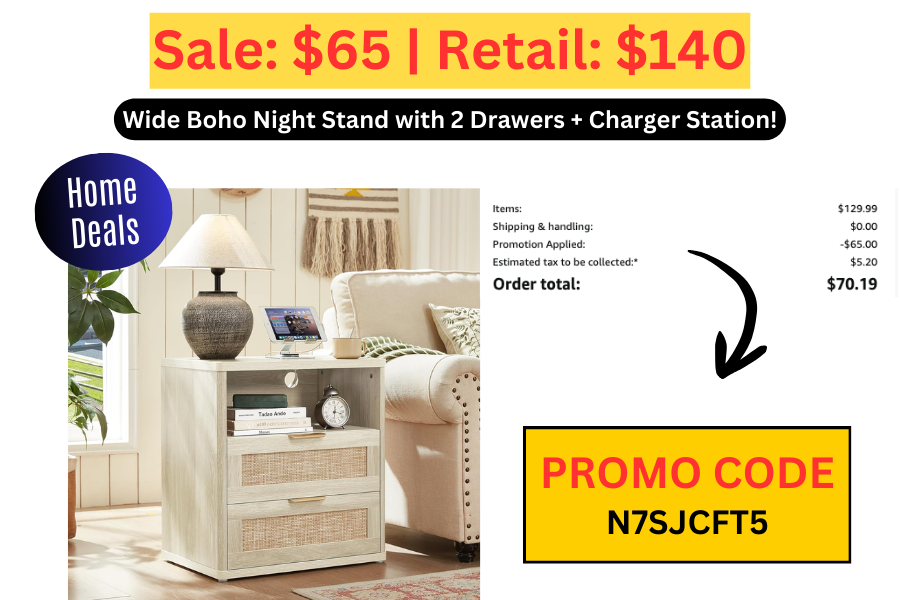 (Sale: $65 | Retail: $140) Grey White Boho Night Stand with 2 Drawers + Charger Station
