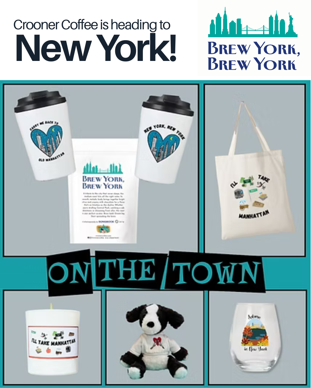Promotional display with New York City themed items, including coffee cups, tote bag with city icons, candle with Manhattan theme, stuffed dog toy, and a glass with a cityscape and fall foliage design.