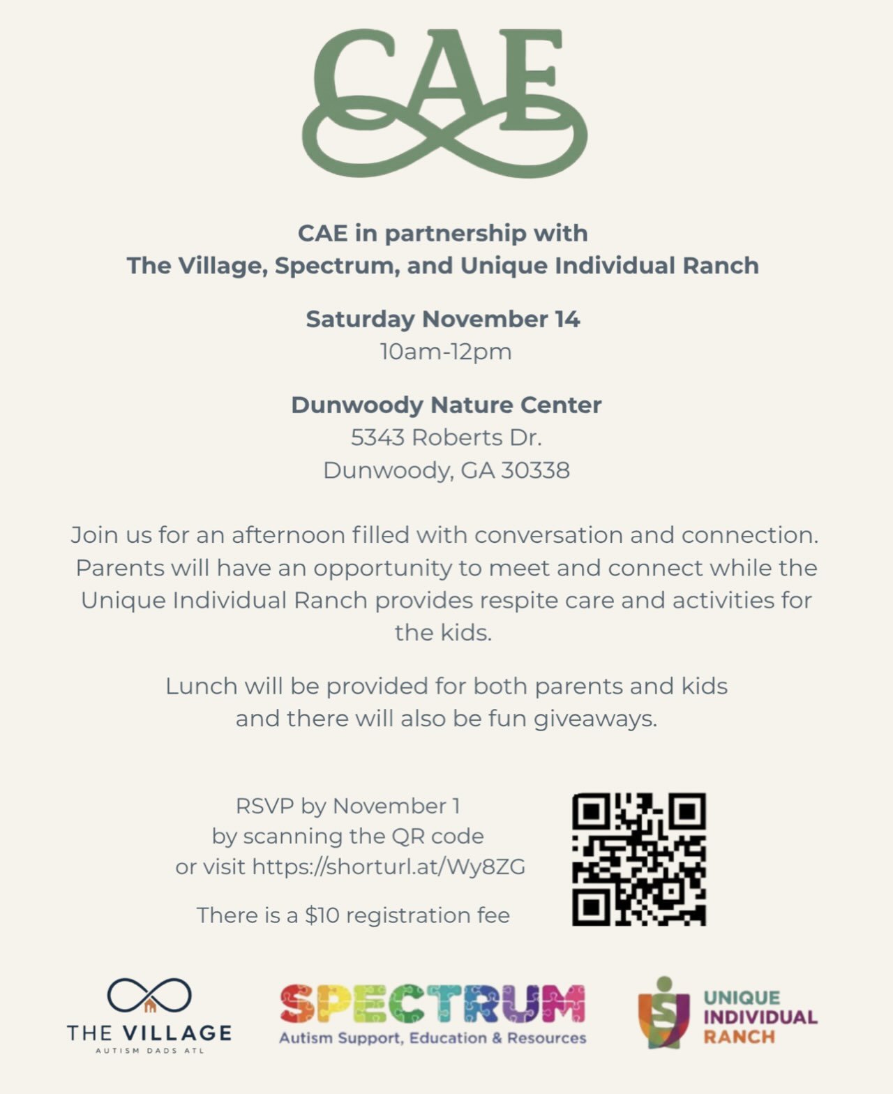 💚 A Morning of Connection, Community &amp; Support! 💚

CAE is excited to partner with The Village, Spectrum, and Unique Individual Ranch for a special morning created with autism families in mind! ♾️✨

Join us for a chance to connect with other par
