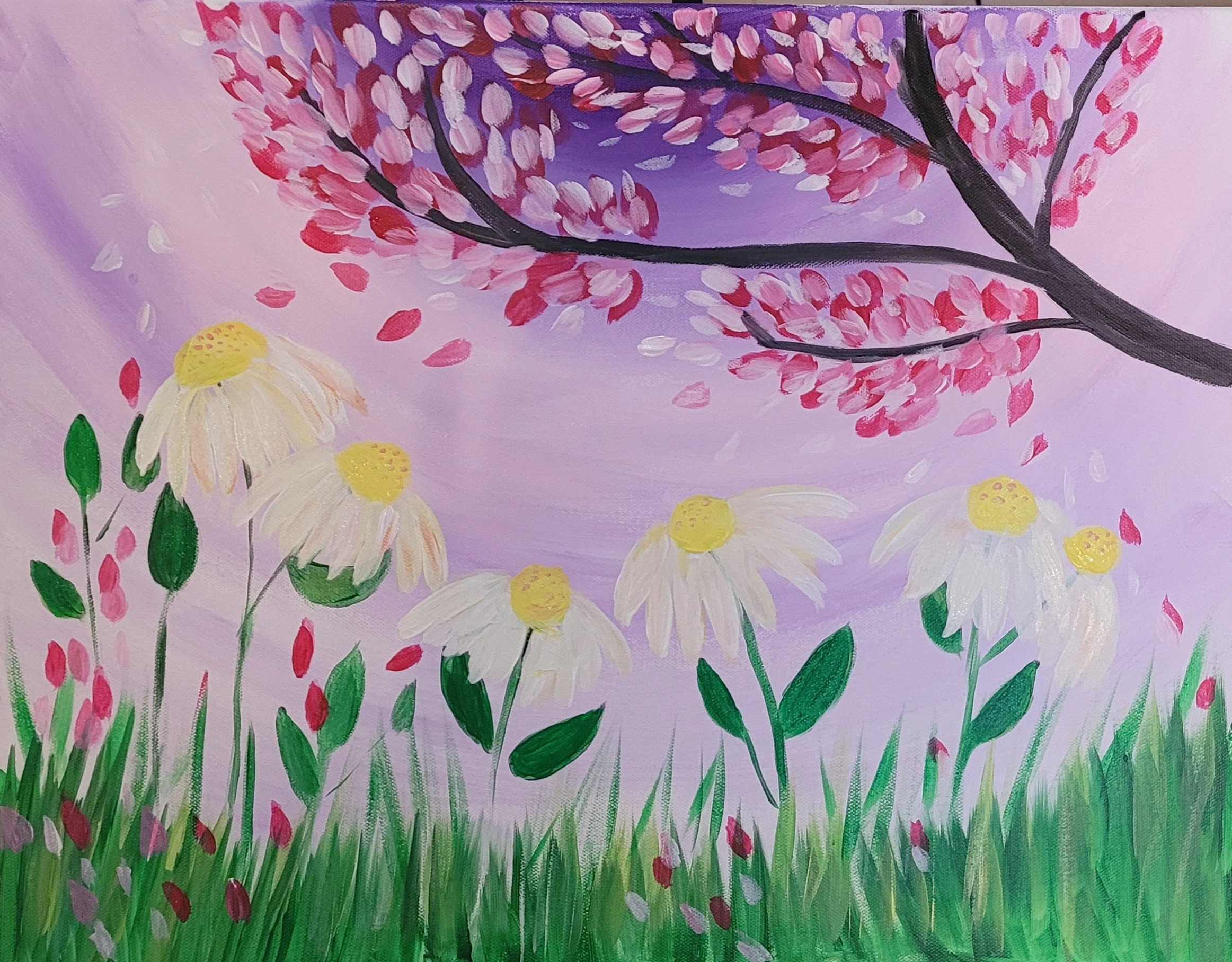 Outdoor Painting in the Garden--Daisies Beneath Blushing Skies 