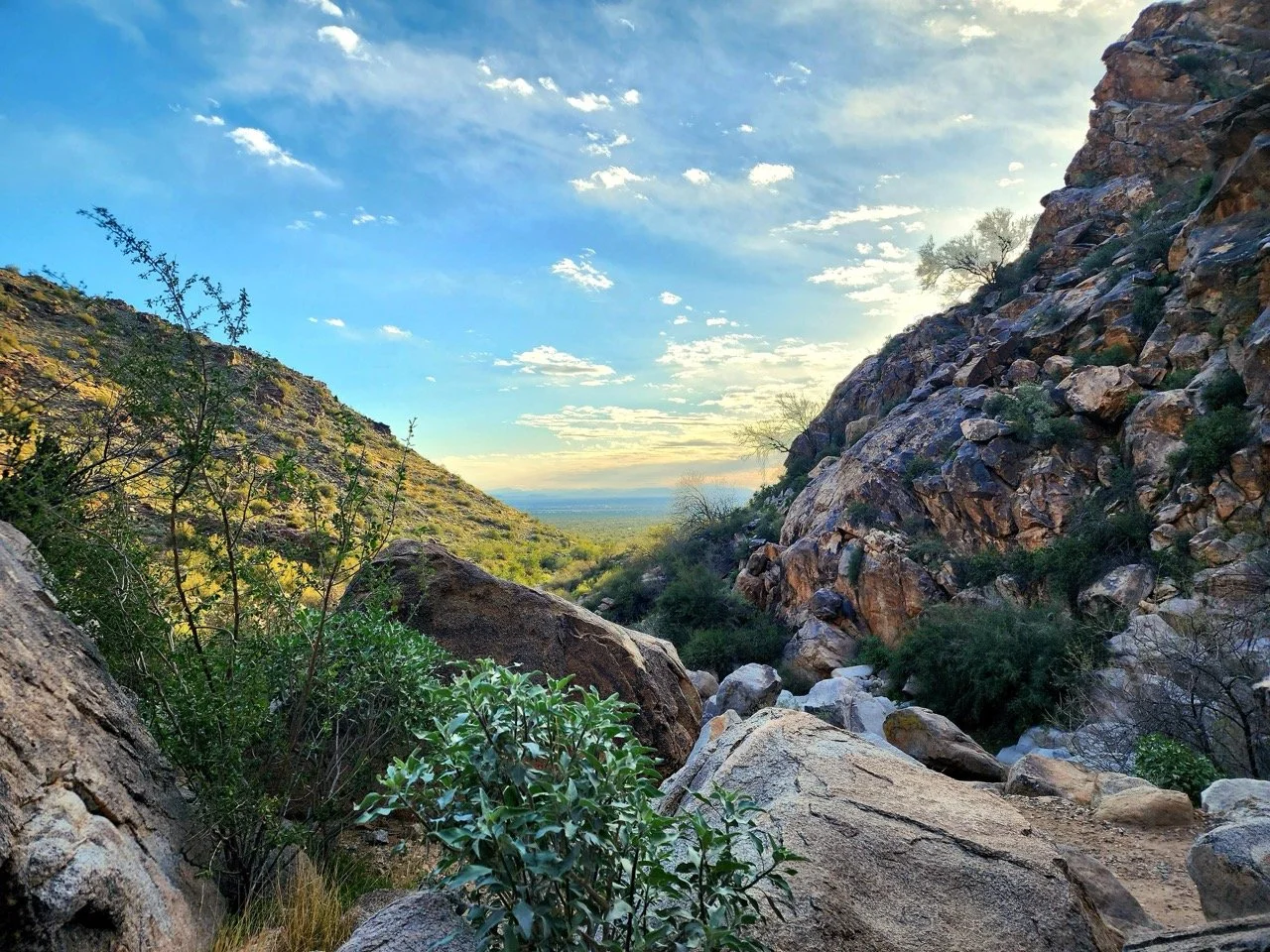 A rocky desert landscape with large boulders and sparse green vegetation, on a sunny day with a partly cloudy sky.