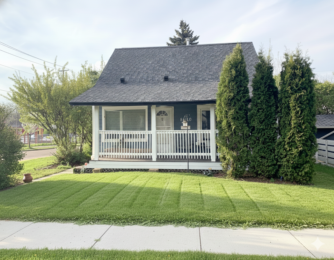 Front view of a small house with a green exterior, yellow door, a small porch, and a window with black shutters surrounded by greenery and trees.