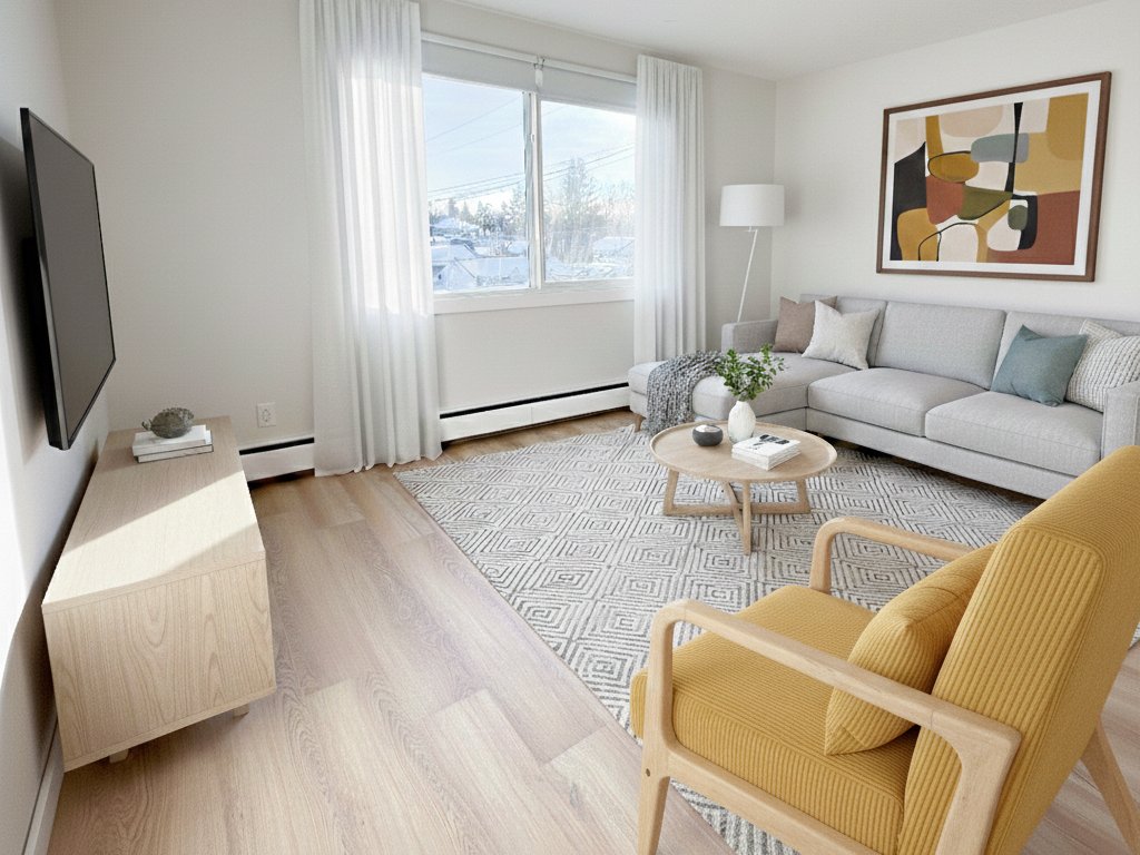 Bright living room with a large window, white curtains, a light gray sofa with pillows, a yellow armchair, a round wooden coffee table with decor, a mounted TV, and abstract artwork on the wall.