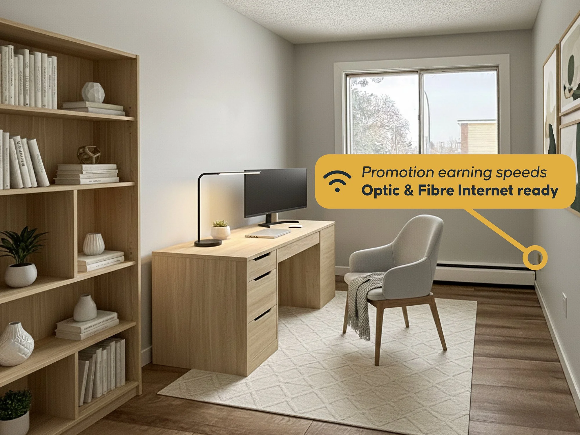 A modern home office with a wooden desk, a computer monitor, a desk lamp, and a plush chair, with a window showing a tree outside and a yellow speech bubble indicating the internet connection with mention of Optic & Fibre Internet.