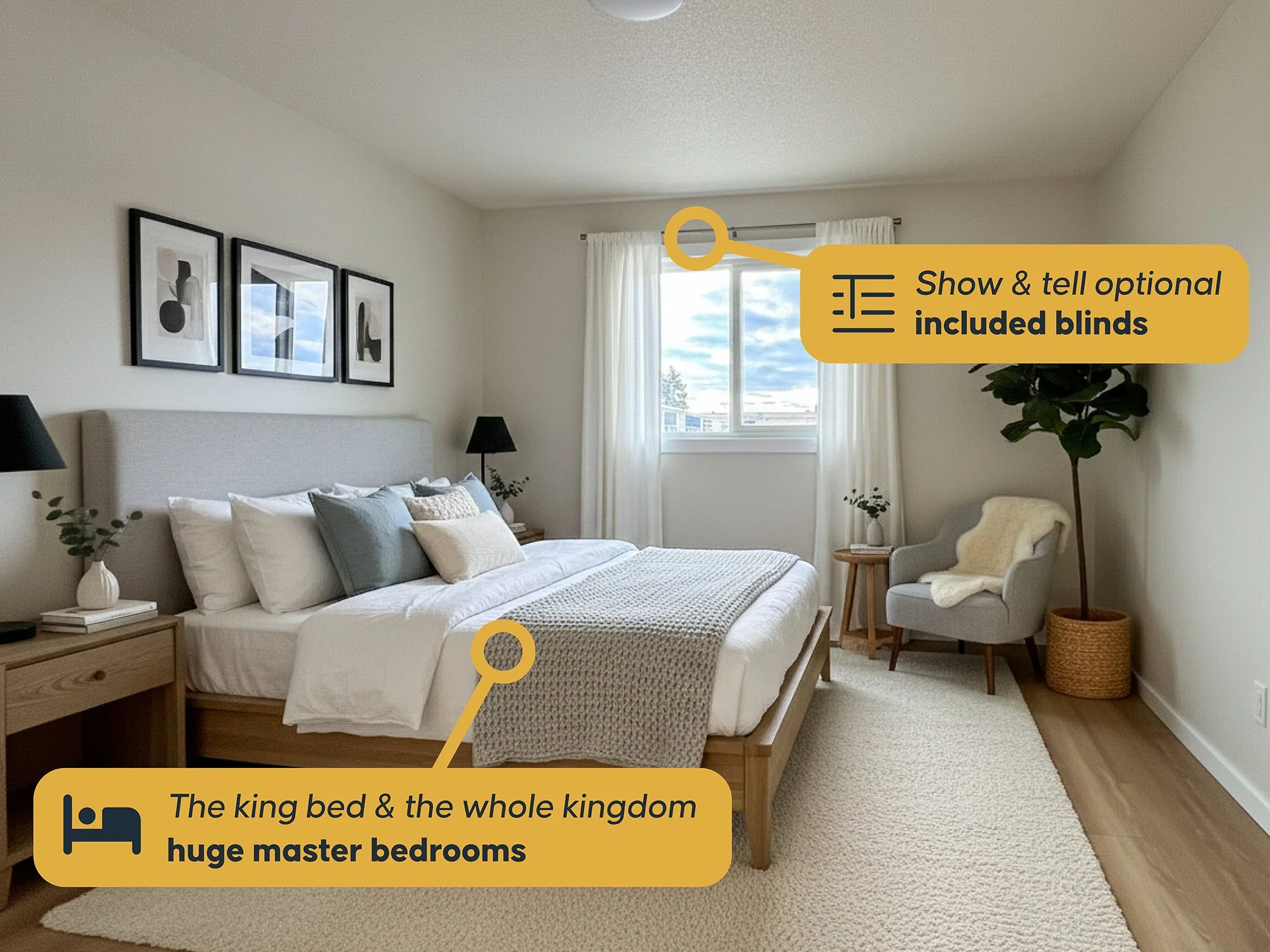 A cozy master bedroom with a king-sized bed, black bedside lamps, and minimalist wall art. A window with white curtains lets in natural light, revealing a blue sky with clouds. There is an armchair with a throw blanket, a tall potted plant, and a sma