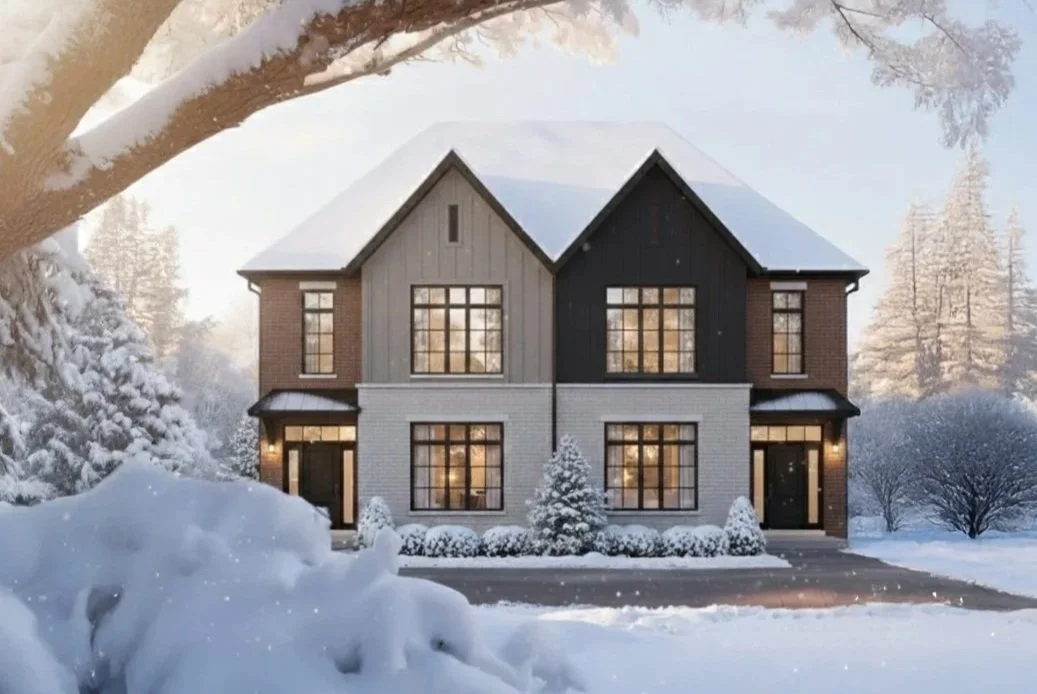 Front view of a small house with a green exterior, yellow door, a small porch, and a window with black shutters surrounded by greenery and trees.
