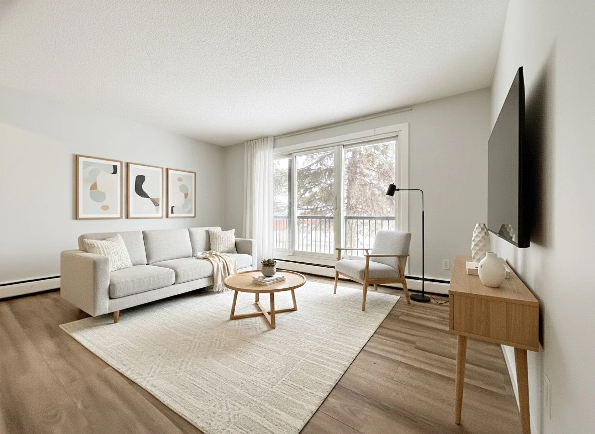 Red brick apartment building called 'The CrestWood' with black balconies and a green lawn in front under a clear blue sky.