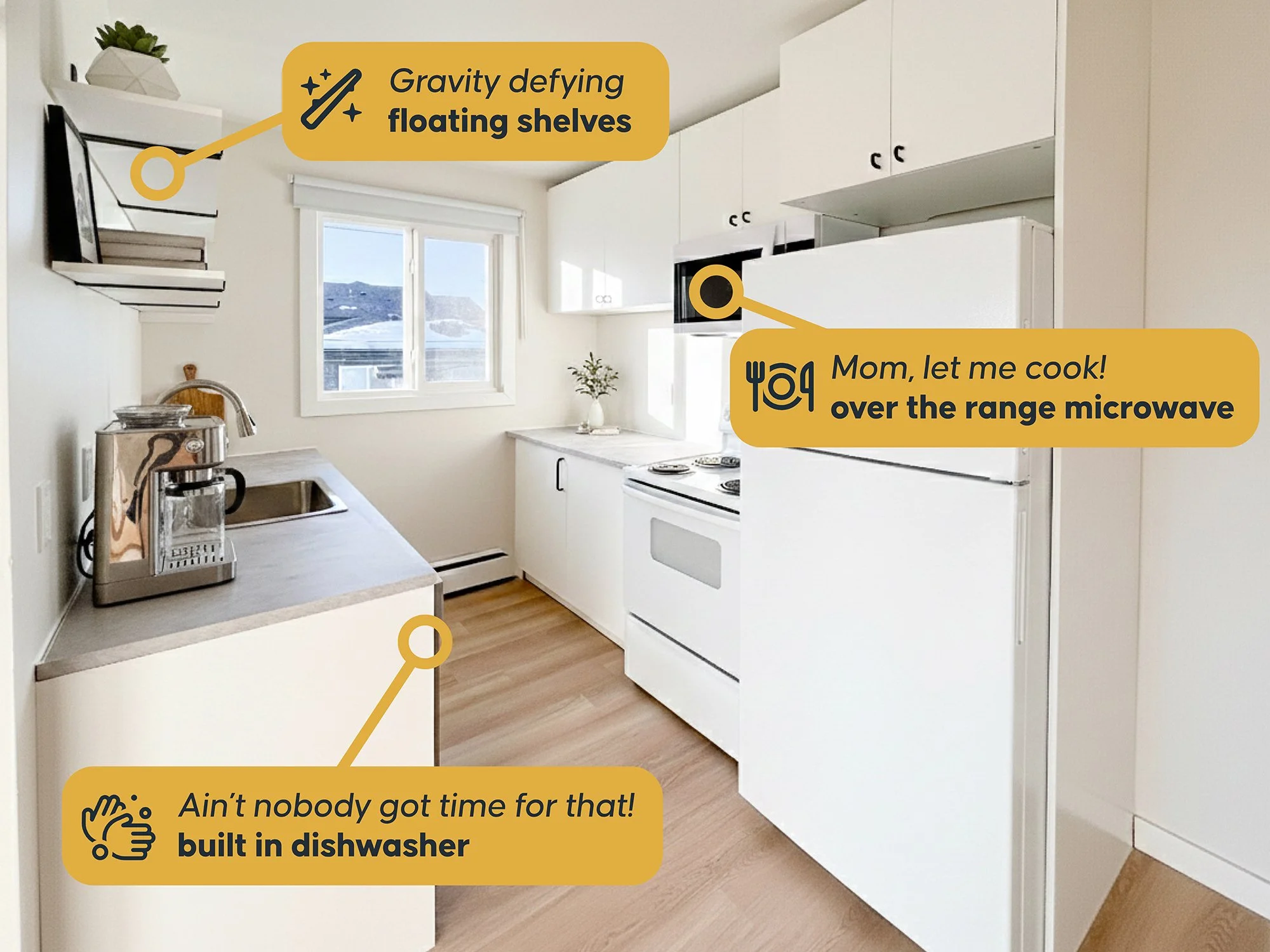 Kitchen with floating shelves, microwave over the range, and built-in dishwasher, with sunlight coming through a window.