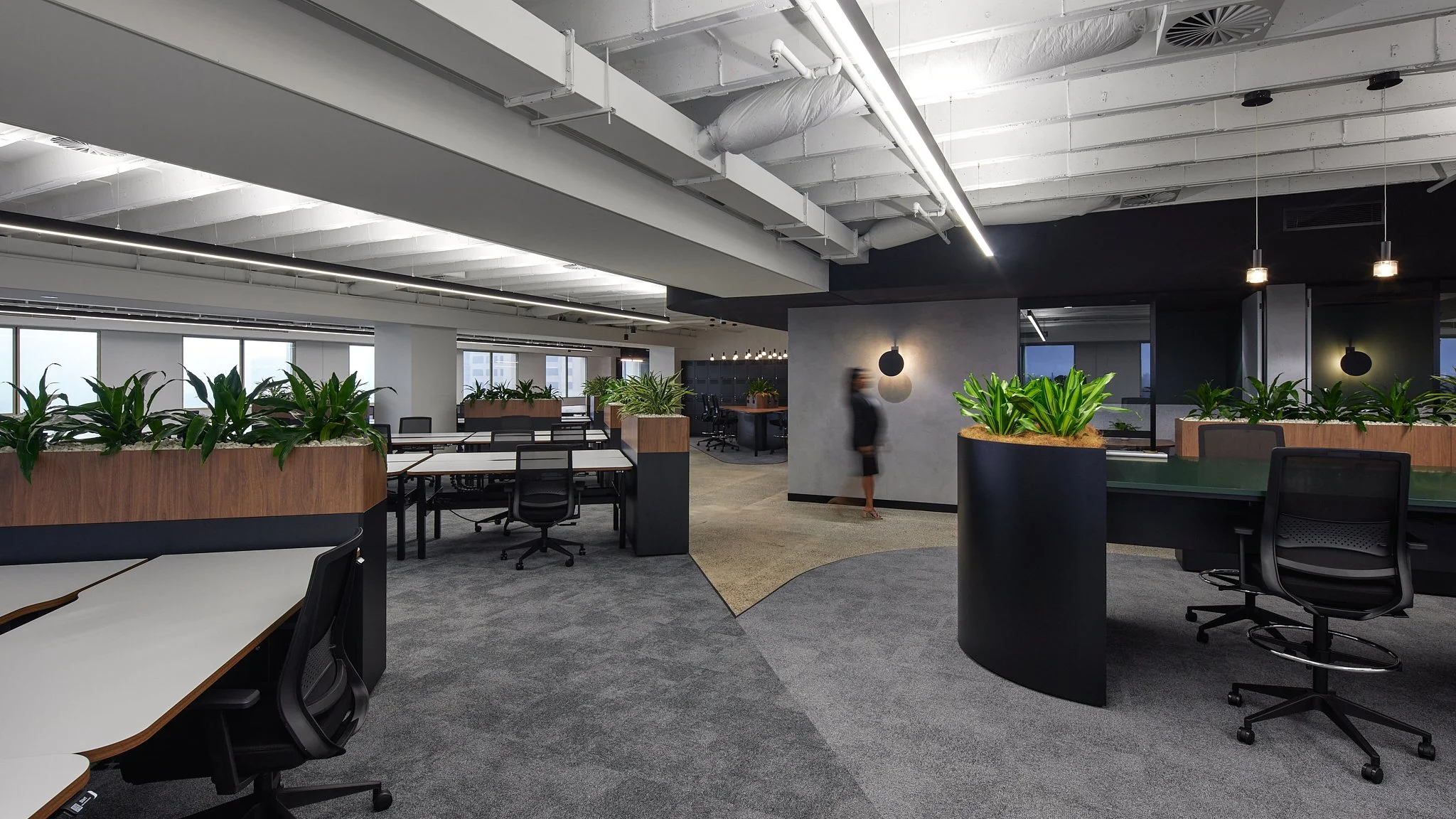 Multiple workstation are displayed throughtout the office space, on the right a woman is seen walking into a focus room