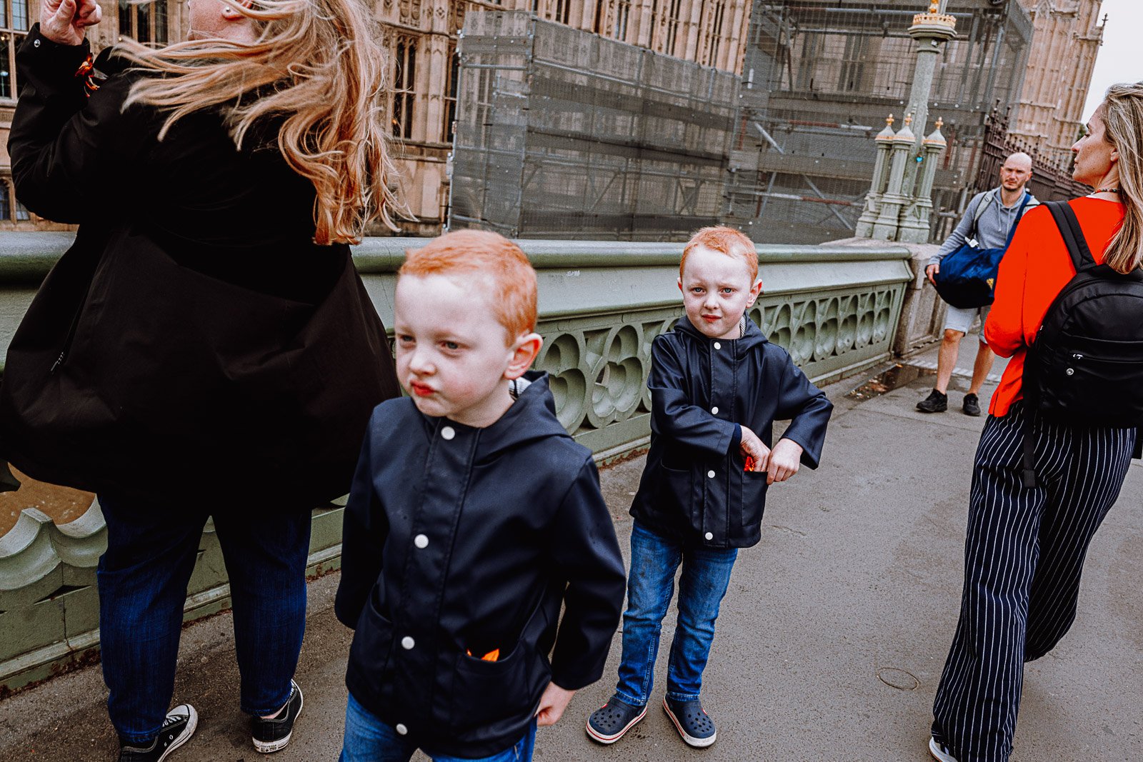 Twins on bridge in London, 2025