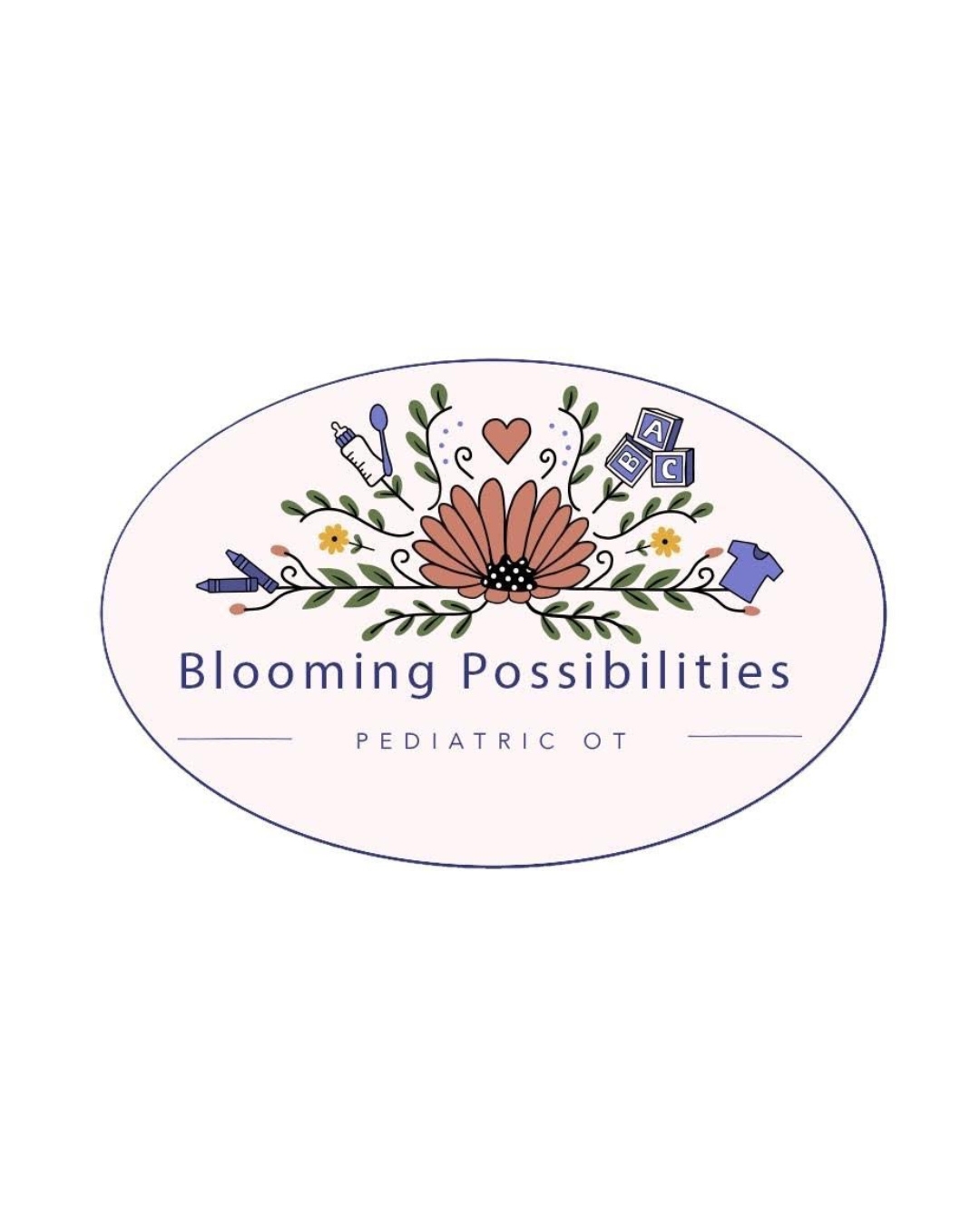 Logo for Blooming Possibilities Pediatric OT featuring a pink flower at the center, surrounded by illustrations of a baby bottle, alphabet blocks, a shirt, and a diaper, with green leafy accents, all within an oval border.