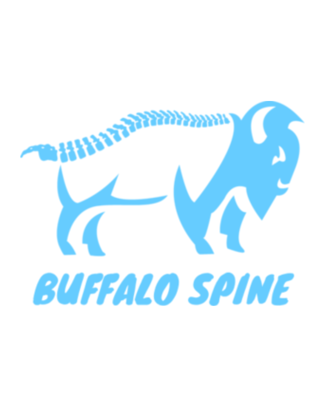 Blue graphic of a buffalo with its spine highlighted in a stylized ribcage, and the words "BUFFALO SPINE" below in bold, curved letters.