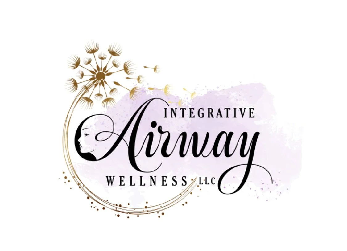 Logo for Integrative Airway Wellness LLC with a black and white profile of a woman's face, a dandelion illustration, and purple watercolor background.