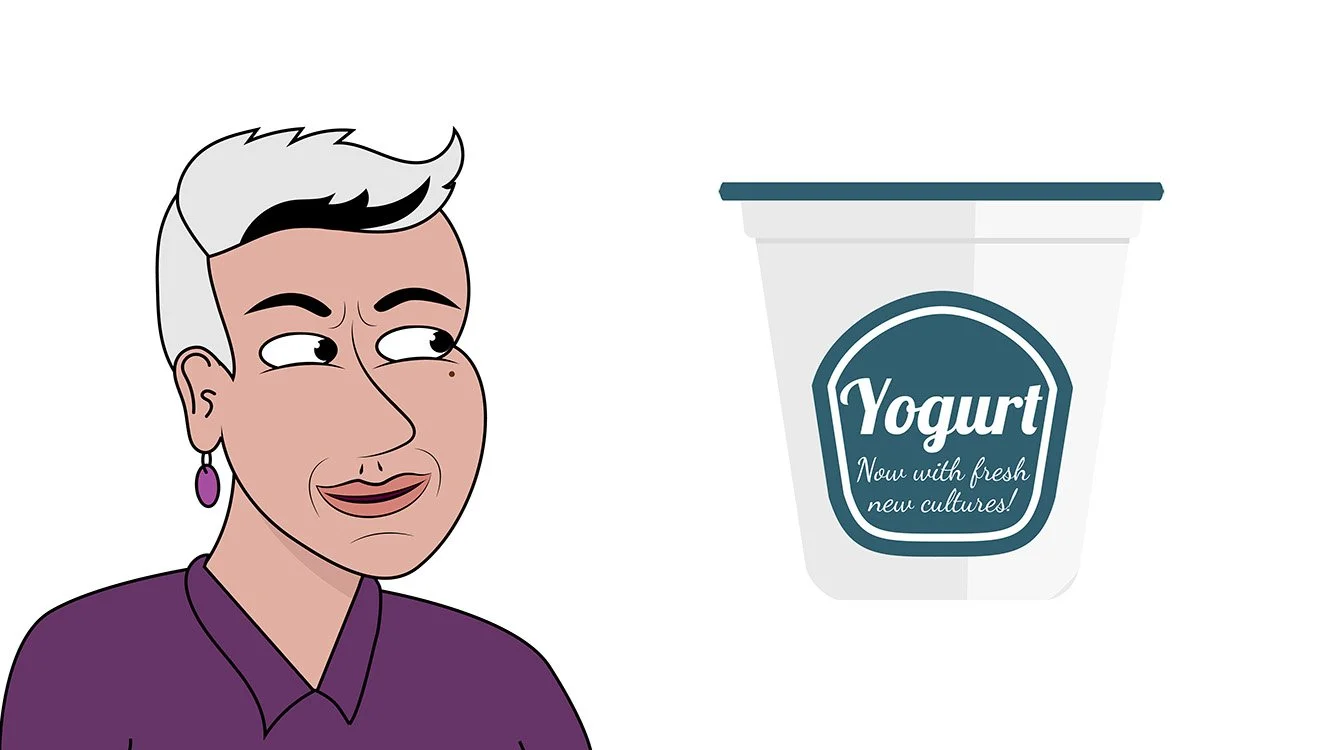 A cartoon image of Dr Josie McLean looking at a giant tub of yoghurt. On the front of the tub, it reads: Yoghurt - Now with fresh new cultures. Josie is wearing a dark purple top and bright purple earrings, and has a pleased look on her face.