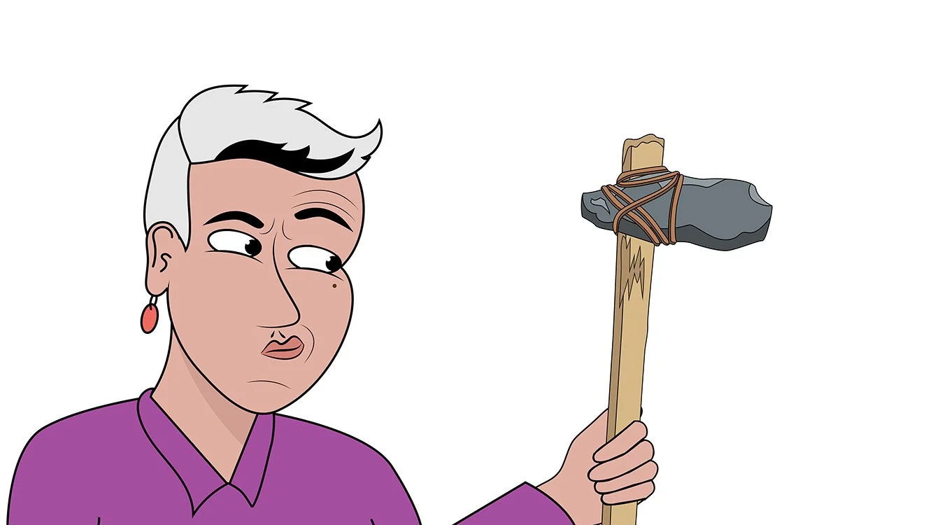 A cartoon image of Dr Josie McLean holding an ancient style stone tool attached to a wooden handle with rope. Josie is wearing a bright purple top and orange earrings.