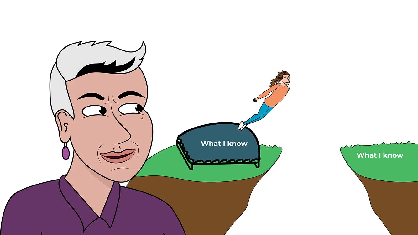 A cartoon image of Dr Josie McLean looking at a cartoon image of a person bouncing off a trampoline labelled "what I know" to leap over a ravine, onto a patch of land also labelled "What I know"