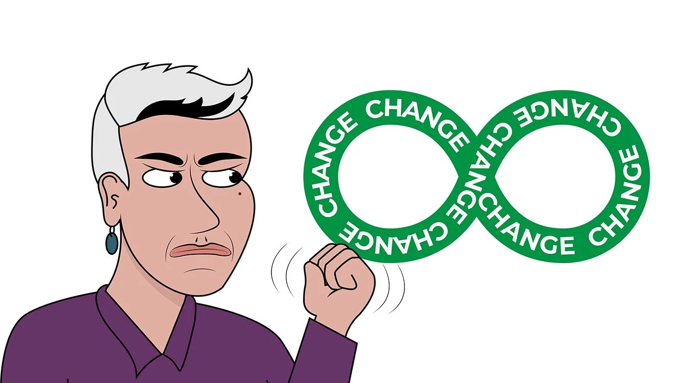 A cartoon image of Dr Josie McLean looking angrily at a green infinity loop, with the word 'change' written within it multiple times. She is wearing a dark purple top and teal earrings, and is shaking a fist at the green 'change' infinity loop.