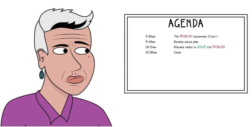 A cartoon image of Dr Josie McLean looking at a whiteboard with a very short meeting agenda on it. She is wearing a bright purple top and teal earrings. She looks concerned.