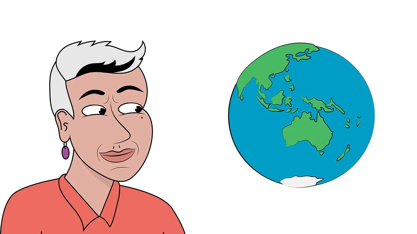 A cartoon image of Dr Josie McLean looking at  a cartoon world globe, featuring Australia at the centre. She looks pleased, and is wearing an orange shirt and bright purple earrings.