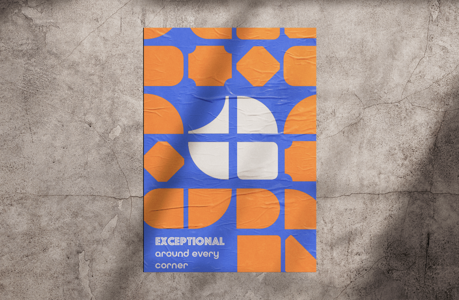 A poster with a colorful geometric design featuring orange and blue shapes forming abstract patterns. The text on the poster reads, 'EXCEPTIONAL around every corner'.