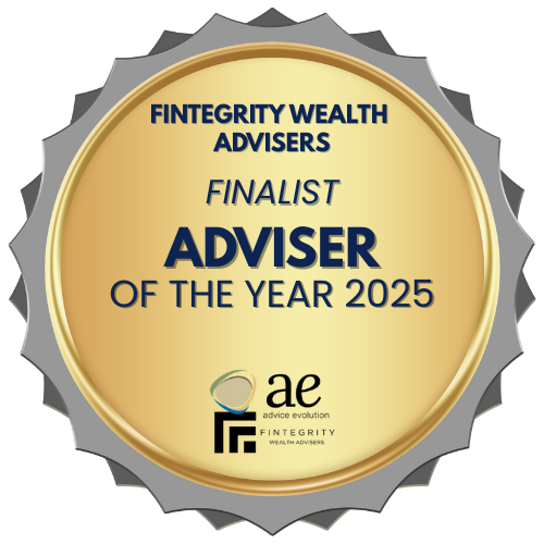 Gold circular badge with a serrated edge, black and blue text, and logos at the bottom. The text reads: "FINTEGRITY WEALTH ADVISERS FINALIST ADVISER OF THE YEAR 2025."