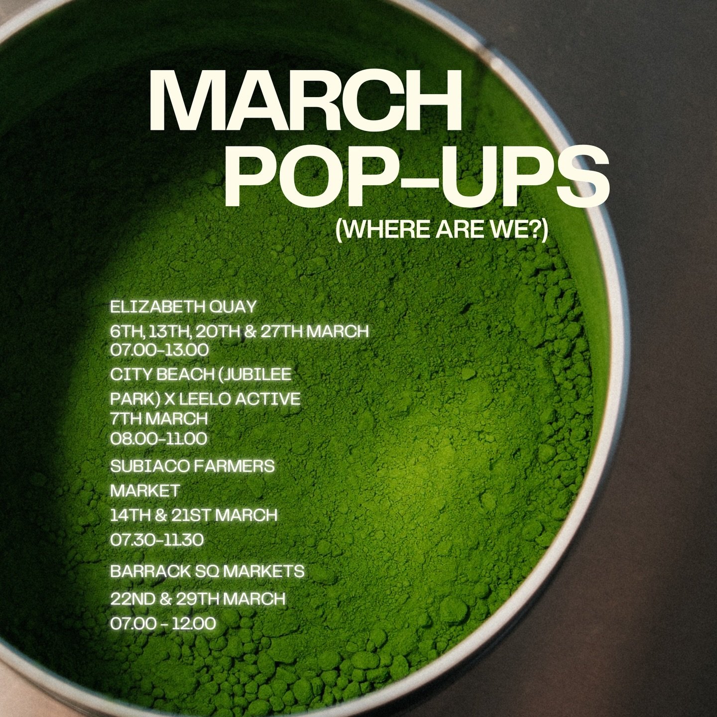 Ello March, where did you come from?

Fuelling you across some fun NEW locations this month. 

We&rsquo;re excited to announce we&rsquo;ll be at Elizabeth Quay for the next few Friday mornings. More deets to come. 

&amp; Don&rsquo;t miss our collab 