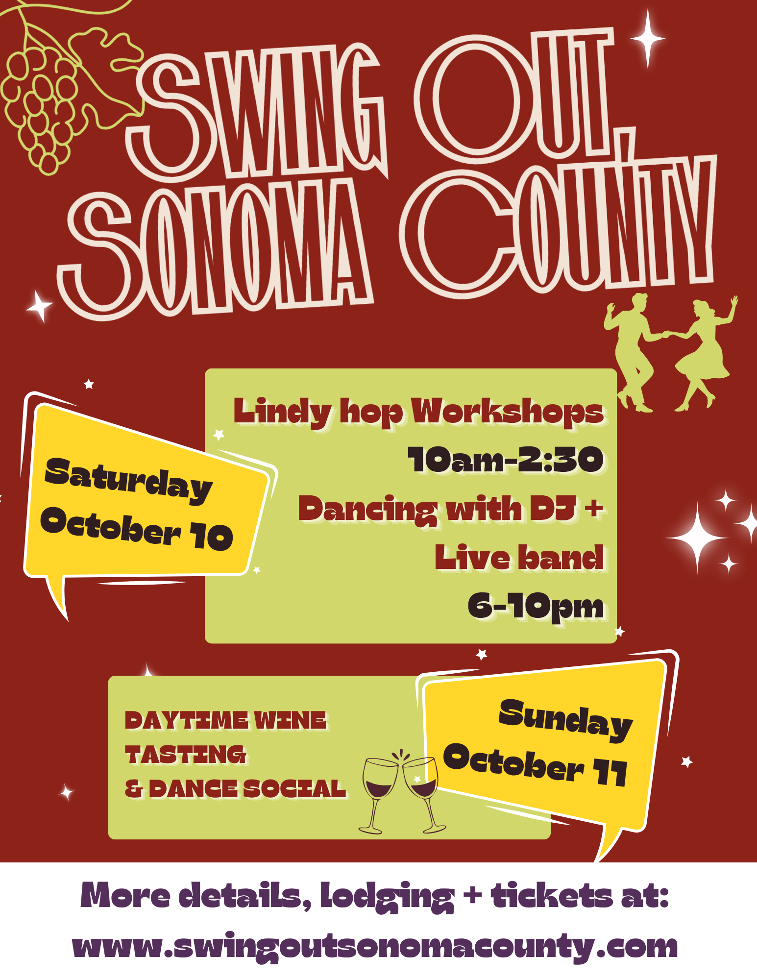 A promotional poster for Swing Out Sonoma County event, featuring a burgundy background with yellow and green accents. The poster includes images of grapes, two women dancing, and illustrations of wine glasses, with event details about workshops on October 10 and 11, and a website link for more information.
