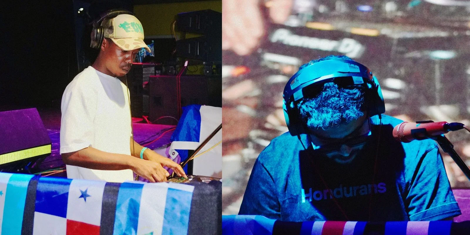 Dos personas en un escenario, un DJ a la izquierda con auriculares, sombrero y camiseta blanca, operando equipos de sonido; a la derecha, un músico con casco de protección, camiseta azul con la palabra 'Honduras', tocando un instrumento en un fondo oscuro.
