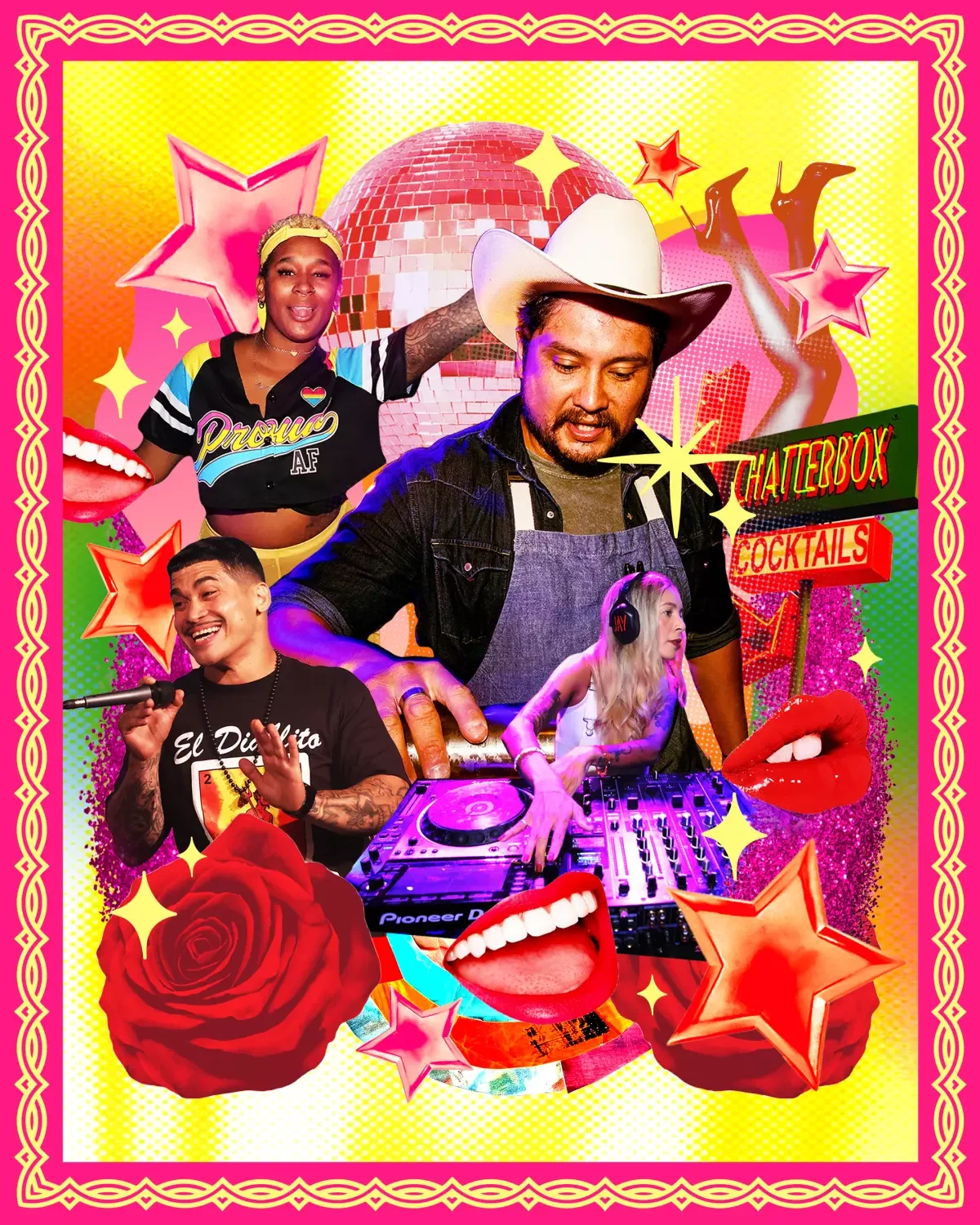 Un collage colorido con varias personas, un DJ con auriculares y una mesa de mezclas, una mujer con sombrero de vaquero, varias estrellas rosas y anaranjadas, una rosa roja, labios rojos y bocas abiertas, un disco de espejos, y un cartel que dice "Chatterbox Cocktails".