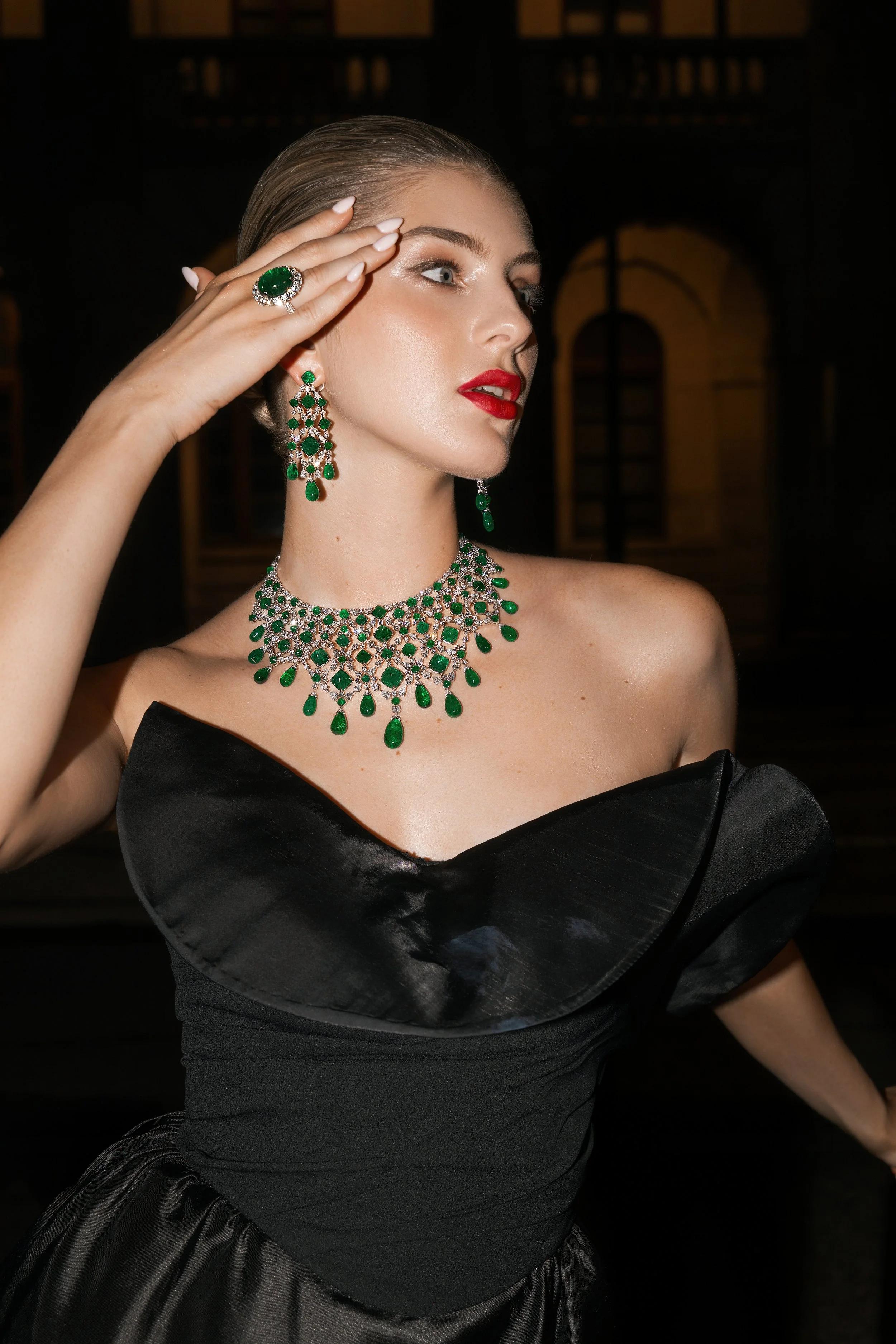 Luxury jewelry beauty close-up in Hong Kong featuring earrings and choker