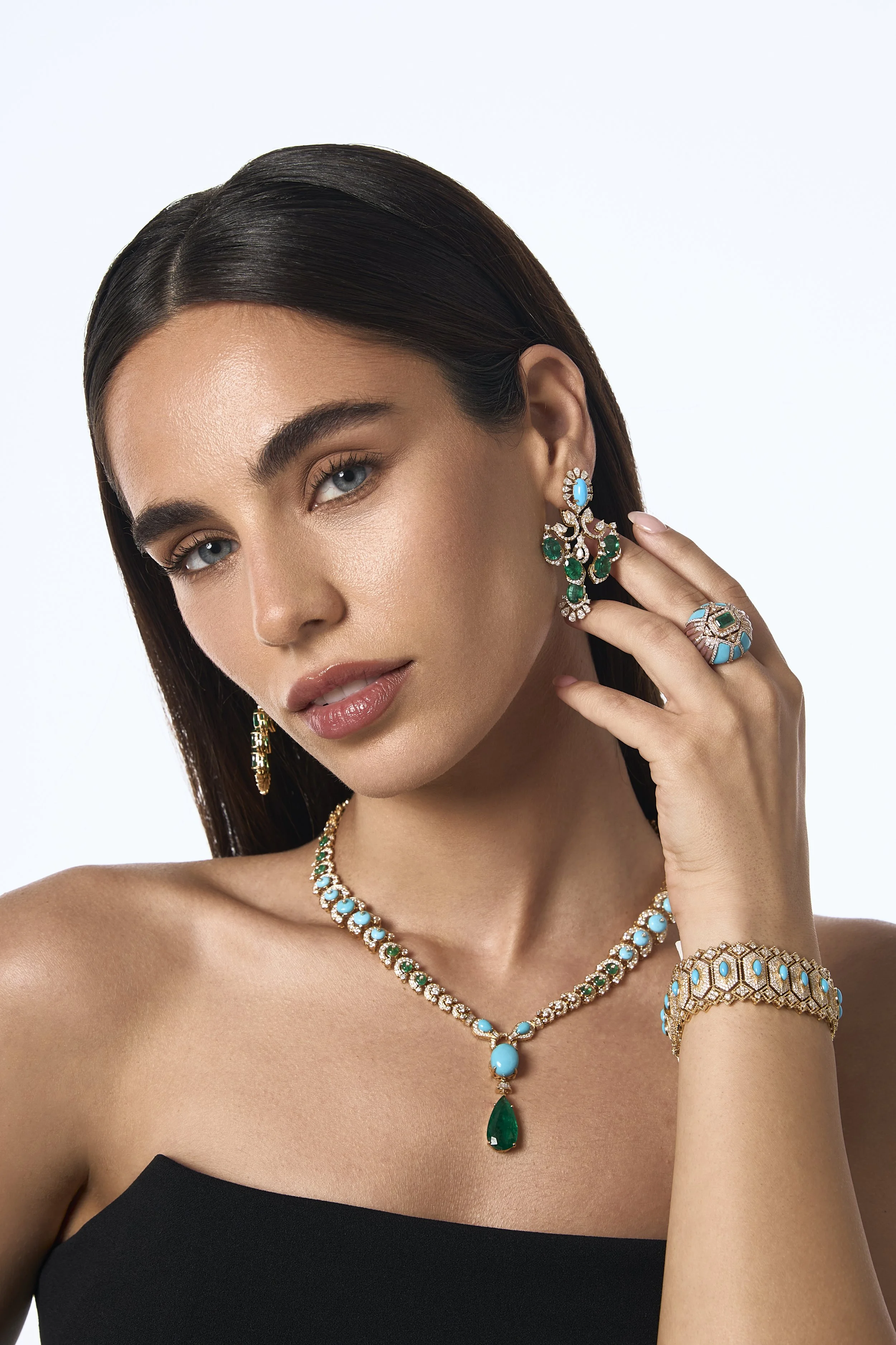 High-end jewelry lighting close-up showing gemstone sparkle