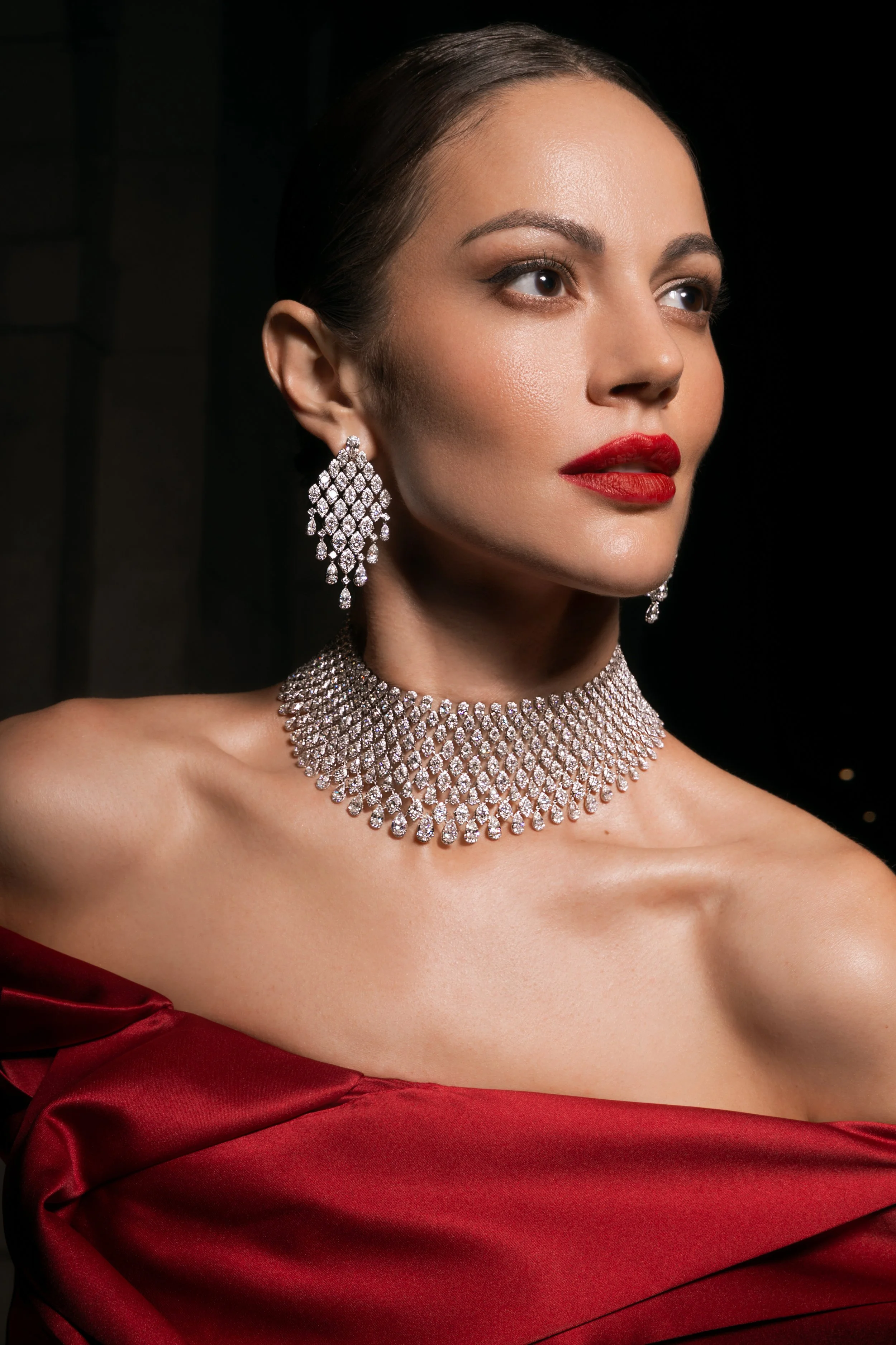 Fine jewelry editorial portrait in Hong Kong studio with statement necklace