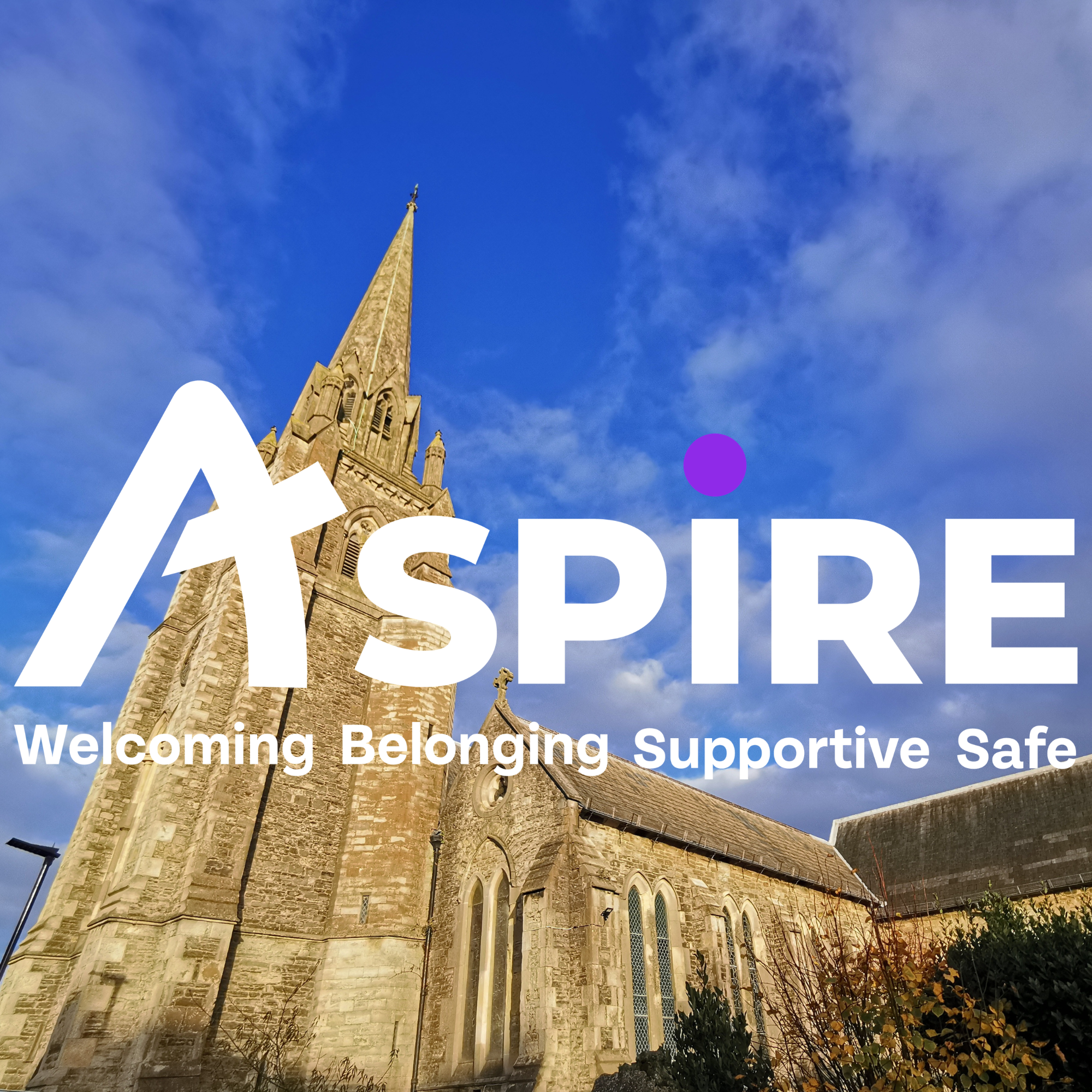 A tall stone church with a pointed steeple against a partly cloudy blue sky, with the words 'A Spire' and associated tags overlayed.