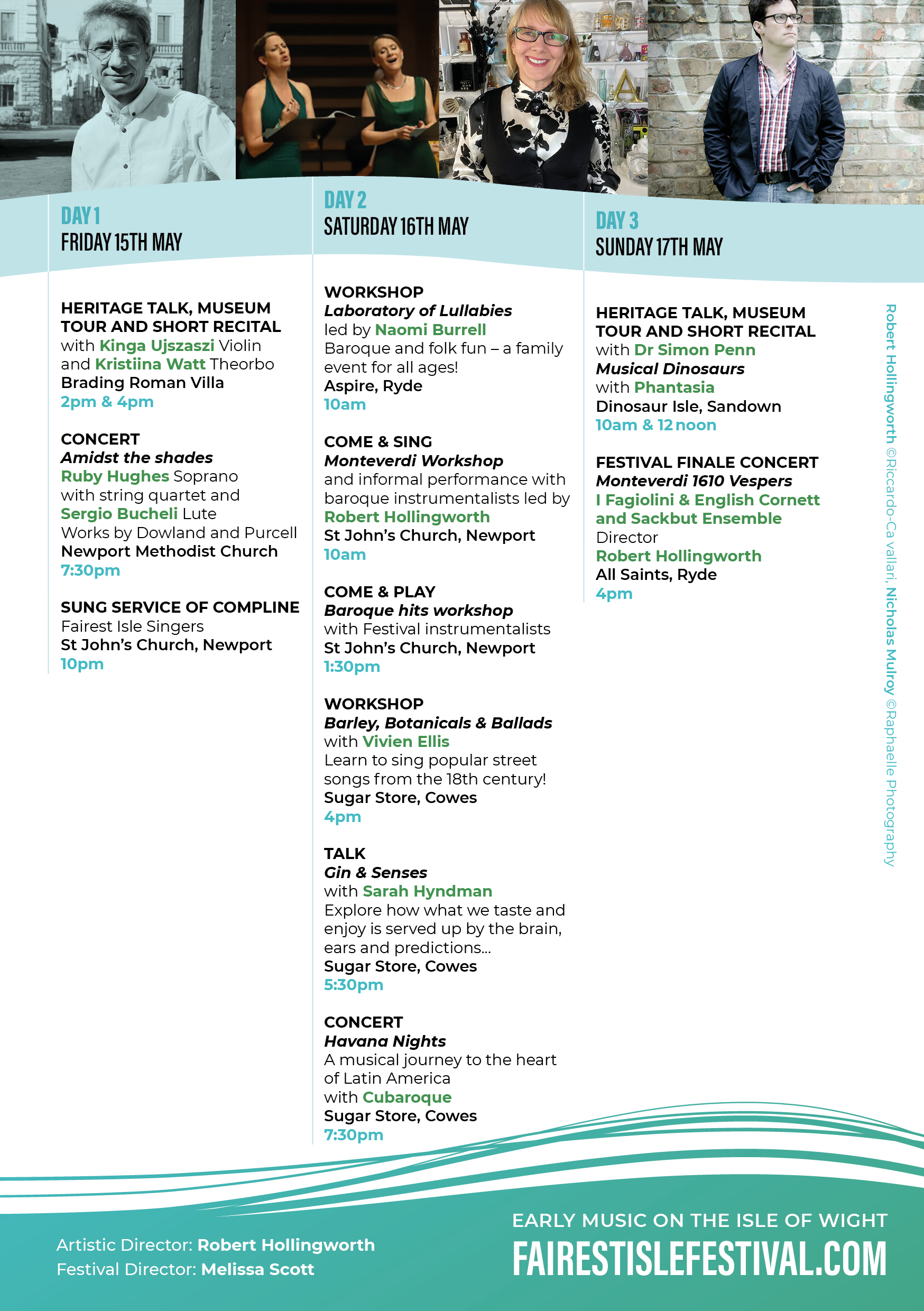 Festival schedule featuring events from Friday, May 15th to Sunday, May 17th, including heritage talks, concerts, workshops, and recitals, with images of performers and festival organizers at the top.
