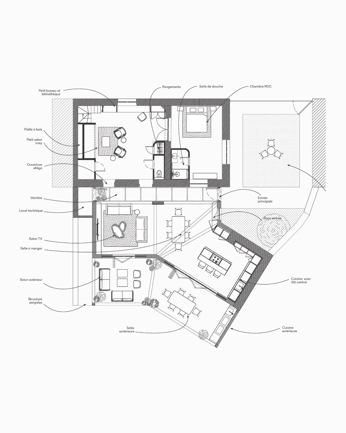 Greffe architecturale - 
Extension de maison comprenant les pi&egrave;ces de vie ouvertes sur l'ext&eacute;rieur et une terrasse surmont&eacute;e d'une pergola.

#extensions #extensionmaison #archilovers #layout #architecture