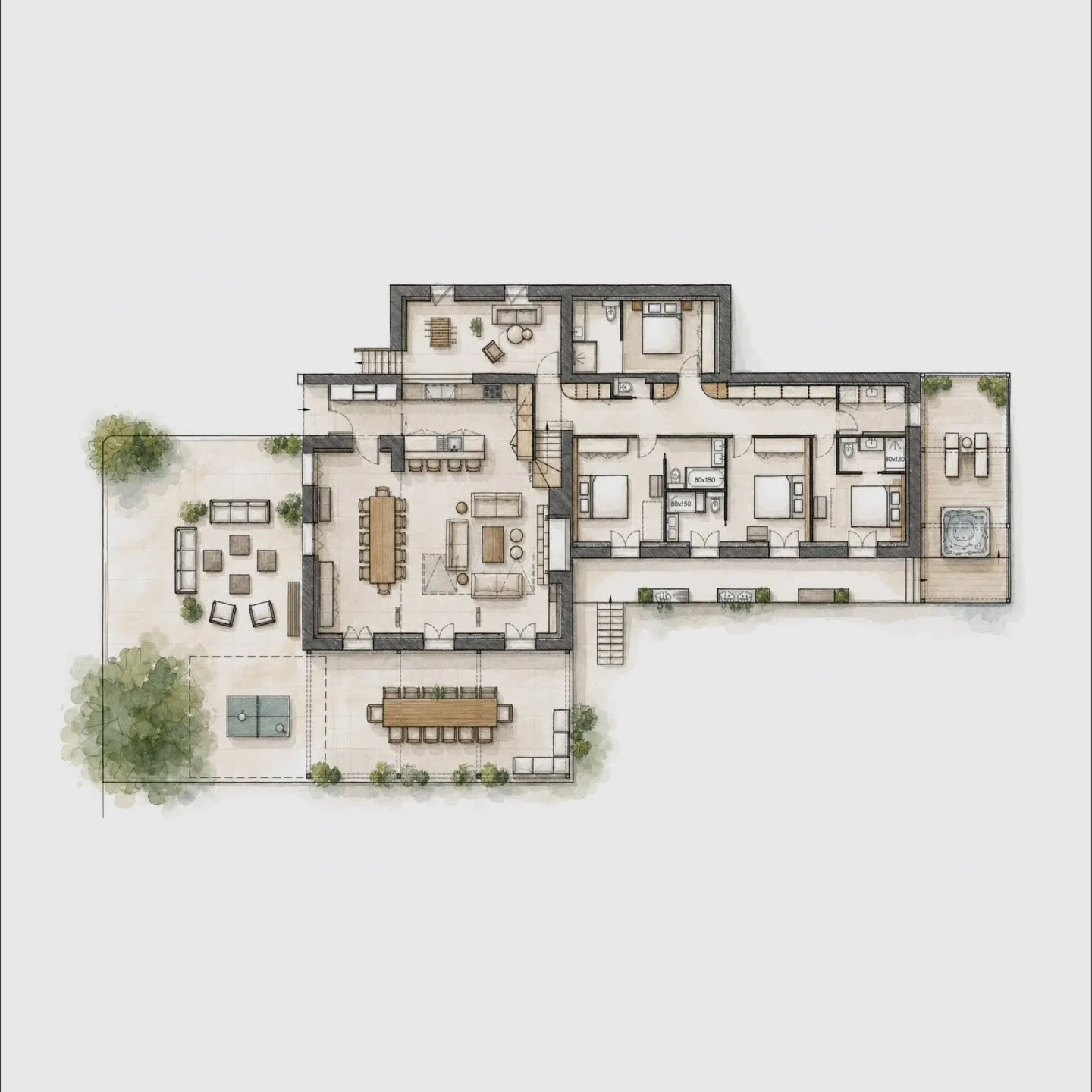 Flashback sur l'esquisse du projet et les intentions architecturales propos&eacute;es aux clients. Le projet paysager s'int&egrave;gre &agrave; son environnement tout en proposant des services et &eacute;quipements haut de gamme. Grand parking, borne