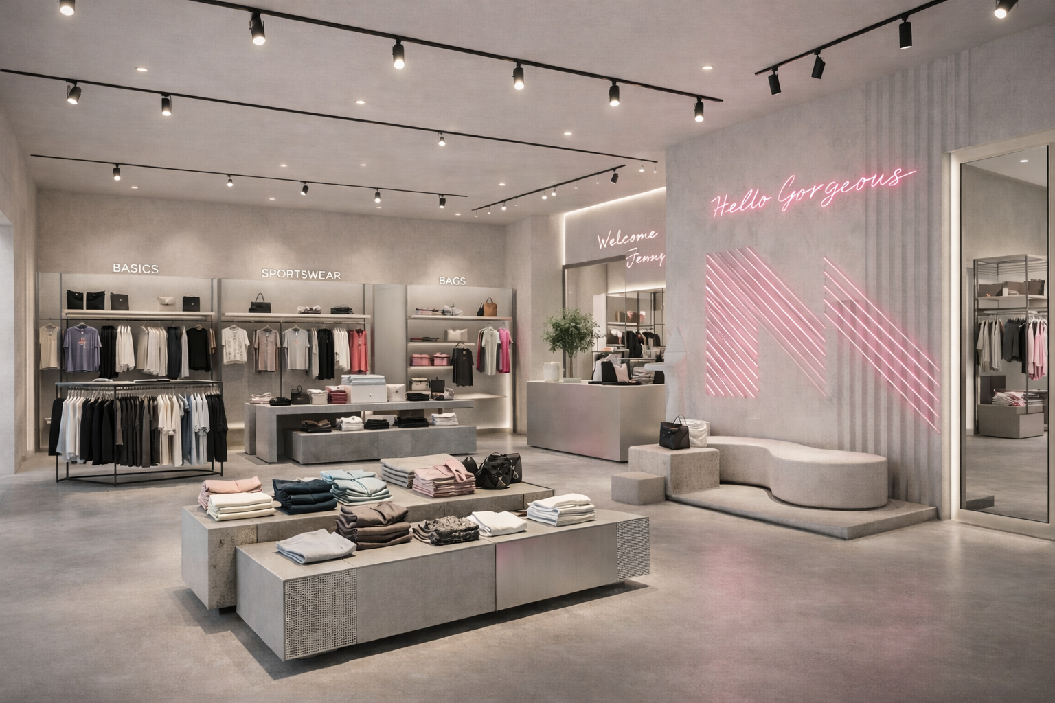 Vitrine de magasin avec vêtements et sacs, mur avec néons roses "Hello Gorgeous" et "Welcome Jenny", zone d'accueil avec comptoir et canapé en béton, éclairage suspendu moderne.