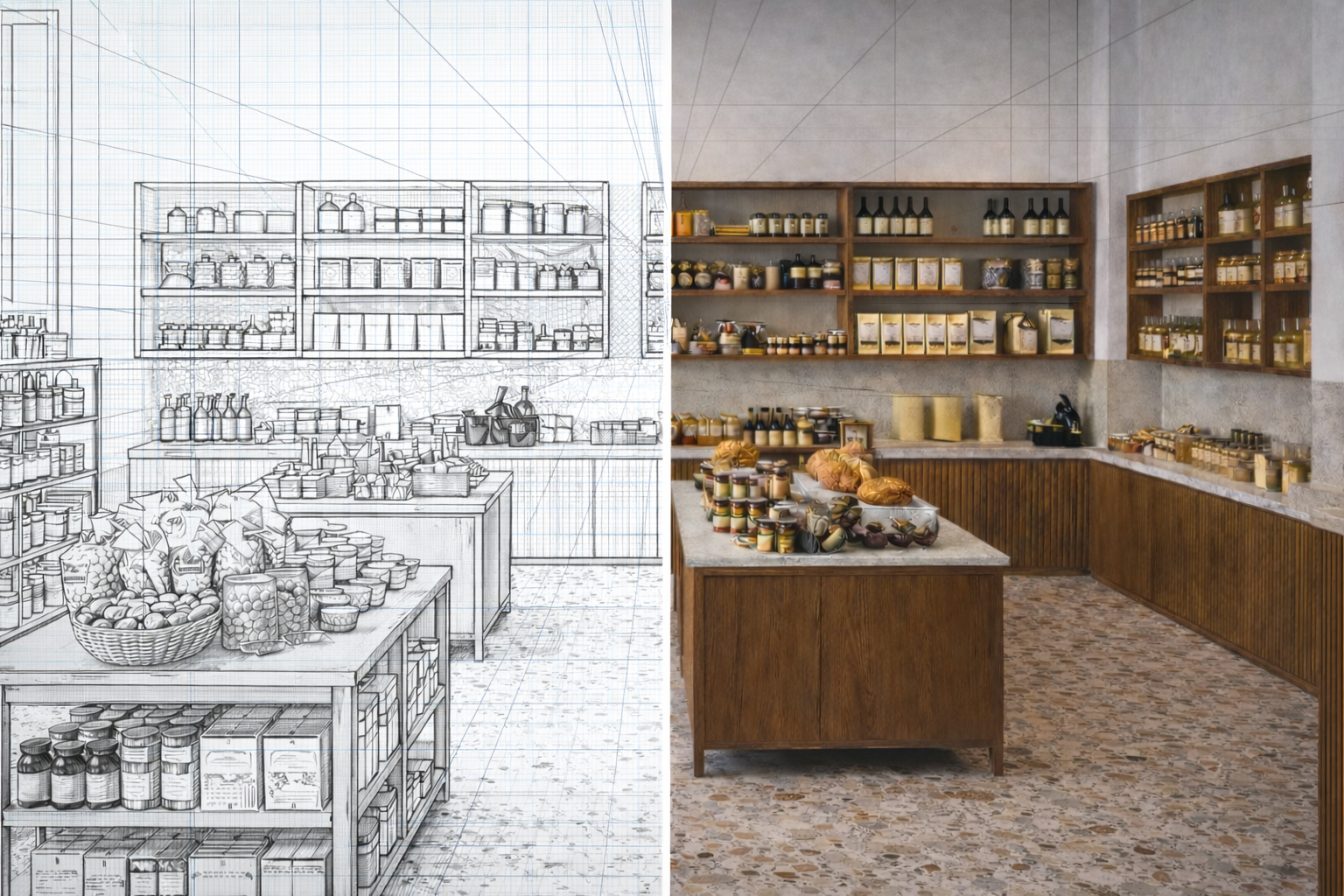 Store avec étagères remplies de bocaux et d'articles, comptoir avec produits, intérieur en pierre, ambiance chaleureuse.