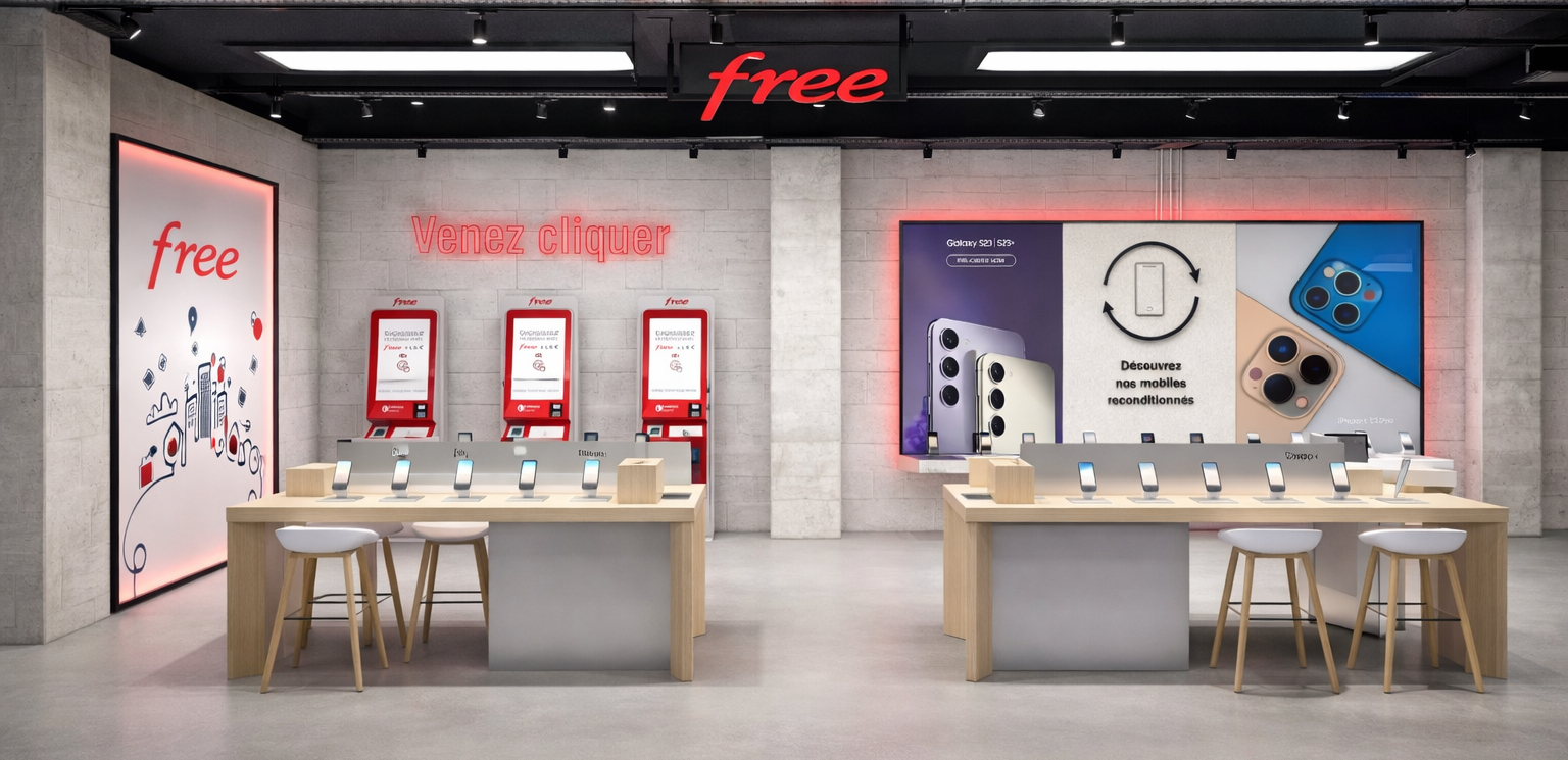 Magasin de téléphones portables avec tables d'exposition, écrans numériques, affichage "Venez cliquer" et un fond affichant des modèles de téléphones Samsung et des instructions pour découvrir des téléphones reconditionnés.