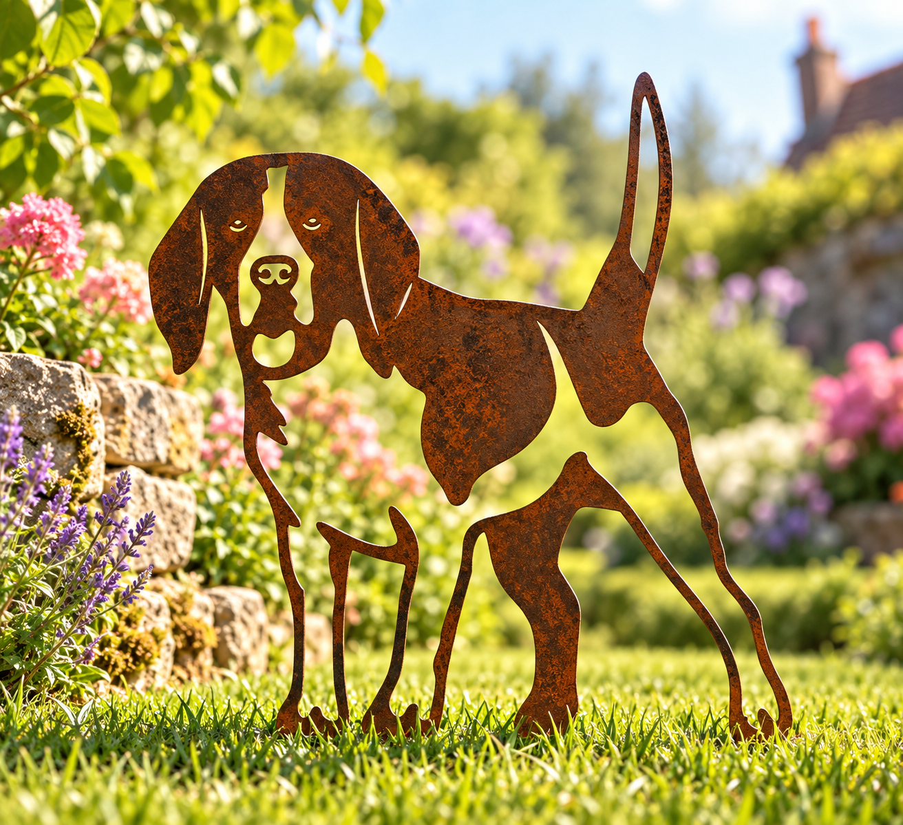 Beagle metal dog garden art with a rustic steel patina, standing in a bright cottage garden with colourful flowers.