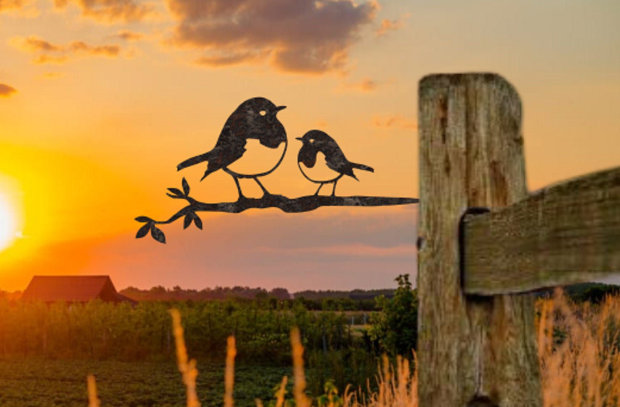 Rustic Metal Love Birds Garden Stake - 50cm Tall Outdoor Plaque, Heart & Floral Silhouette, Antique Brown Finish For Lawn & Flower Bed