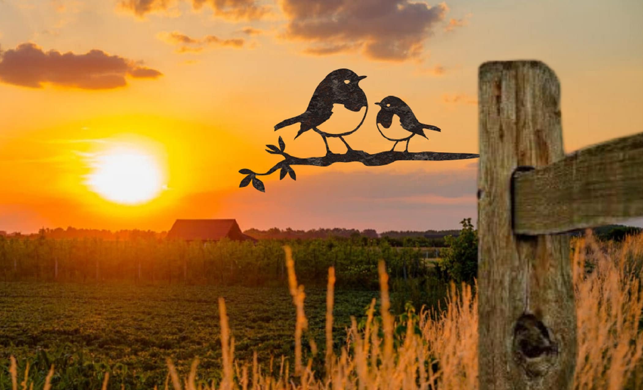 Delightful metal silhouette of a Robin with her baby chick, perfect for brightening up gardens, planters, or as a unique gift for metal bird aficionados