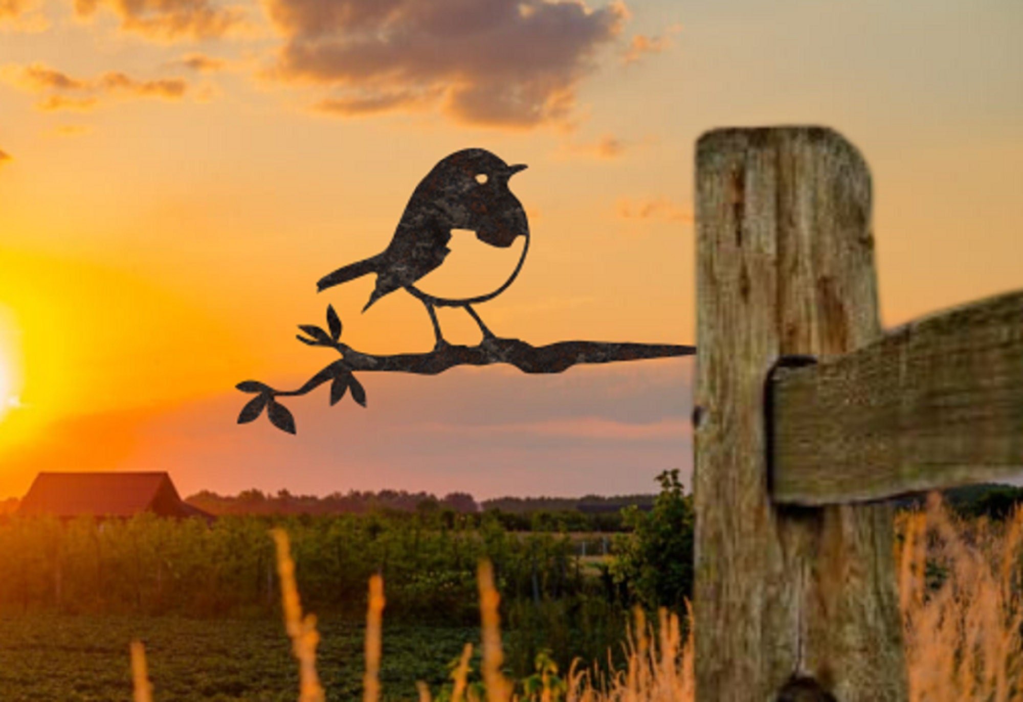 Steel silhouette of a Robin on a twig, designed for garden decoration. The natural rusting process enhances its rustic appeal, perfect for outdoor displays