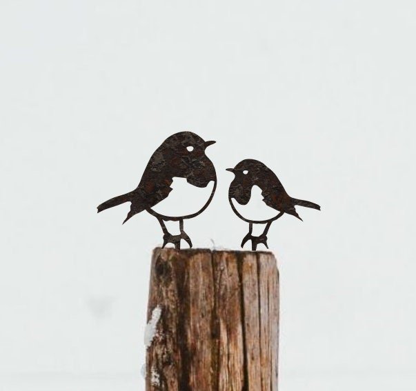 Robin and baby chick metal fence post topper, a charming garden ornament. Made from sturdy metal, designed to develop a rustic patina over time
