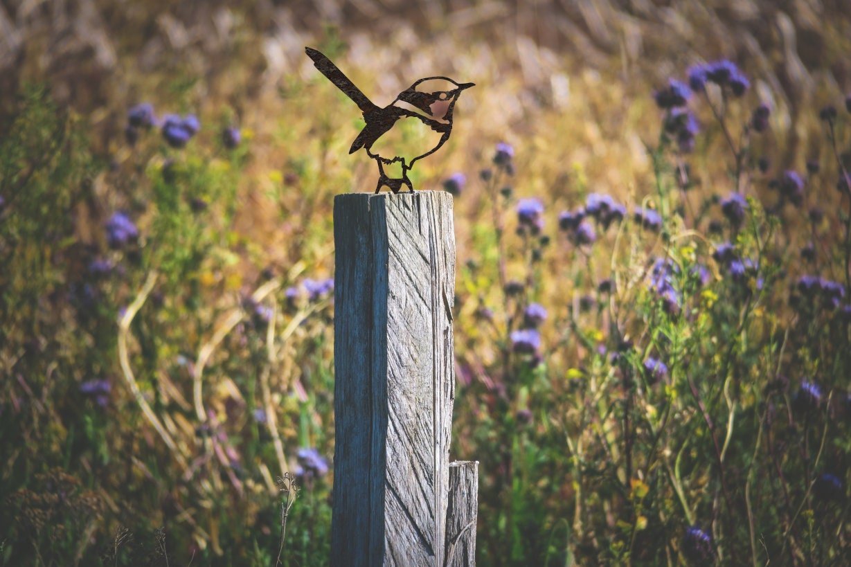 Wren MetalBird Silhouette garden art fence post topper