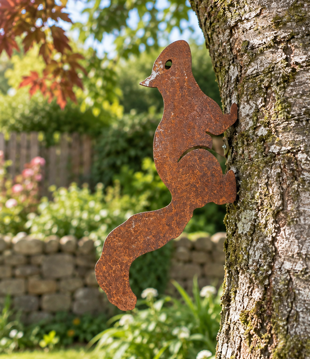 Rusty Red Squirrel metal garden art tree 1.png